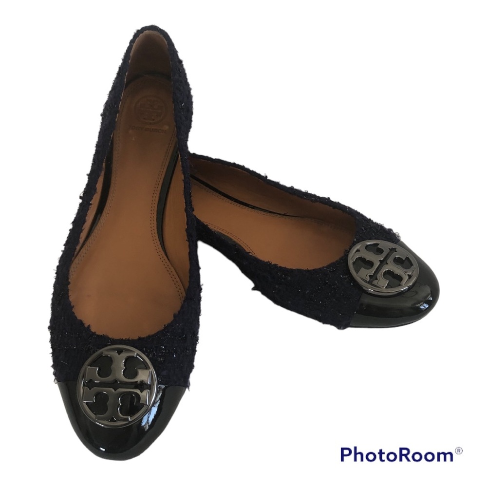 Tory Burch Navy/Black Chelsea Cap-Toe Ballet Flat, Tweed&Leather Sz 10.5 EUC